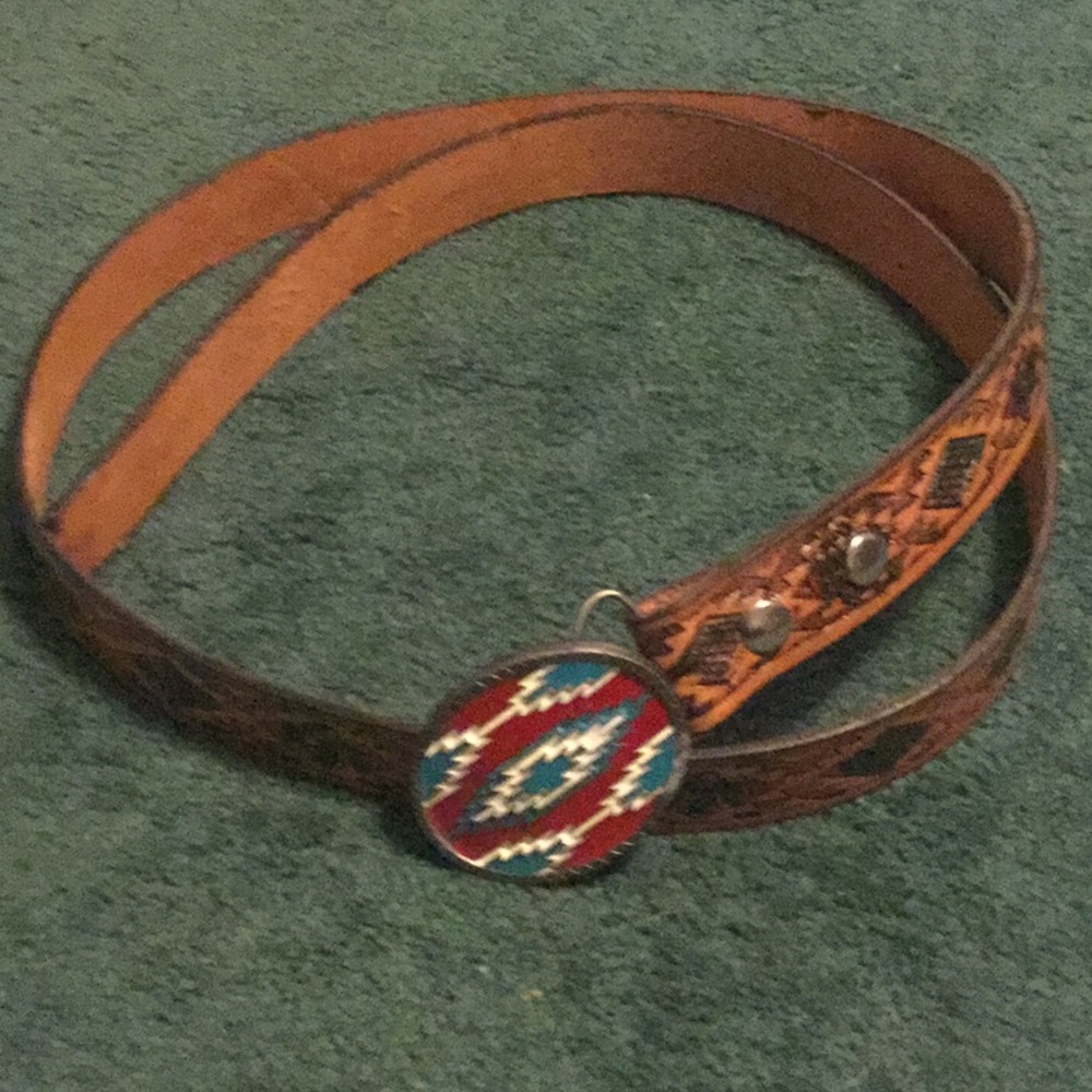 Unisex Native American theme leather belt & buckle